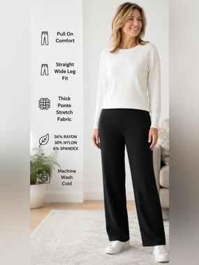 Eileen Fisher Straight Leg Relaxed Fit Black Pull On Ponte Pants Stretch Size XS